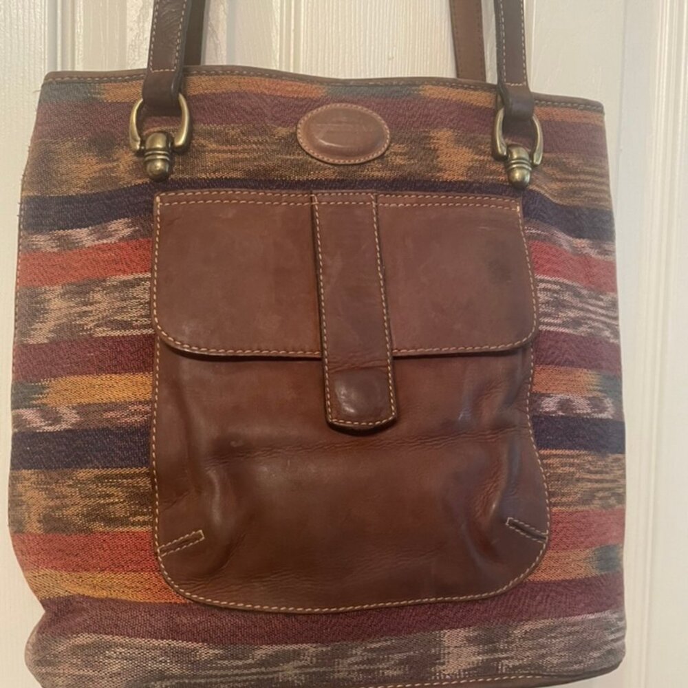 Guatemalan Fabric Tote Bag w/ Leather handles, front pocket, & bottom